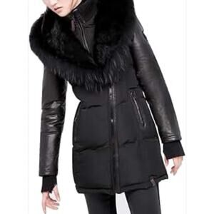 RUDSAK Grace Down Puffer Parka S Leather Sleeves Genuine Fur Trim Black